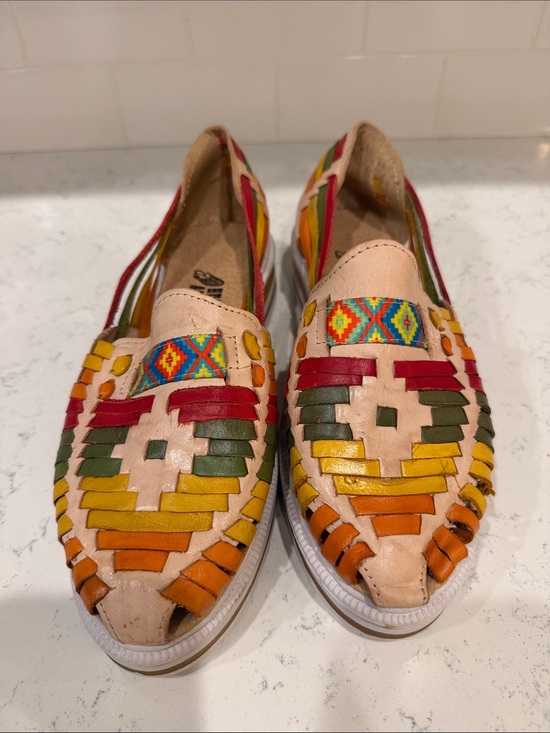 Huarache Artesanal Shoes - Handwoven Rainbow Huarache Platform Slip-On Flats with Multicolor Accents Size 9